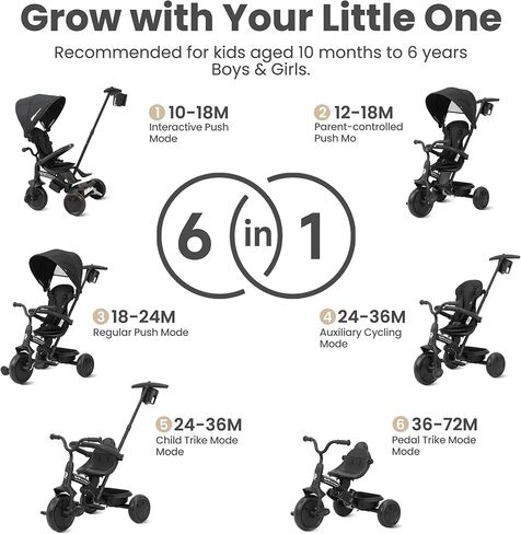 QPlay Baby Tricycle Ages 10 Months - 6 Years,6 in 1 Toddler Tricycle Stroller with Adjustable Parent Handle,Safety Harness & Wheel Brakes,Removable Canopy, Trike Bike Gifts for Boys & Girls in Saudi Arabia
