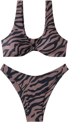 GORGLITTER Women's Zebra Striped Swimsuit 2 Piece Twist Front High Cut Hipster Bikini Bathing Suit in Saudi Arabia