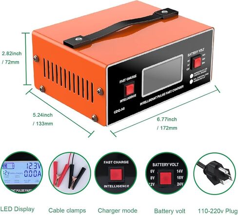 8 Volt Battery Charger Automotive 0-10A, Smart Car Golf Cart Battery Charger, Maintainer and Automatic Charger with Cable Clamps & Handle, Suitable for 6/8/12/14/16/24V Lead-Acid Batteries (Yellow) in Kuwait