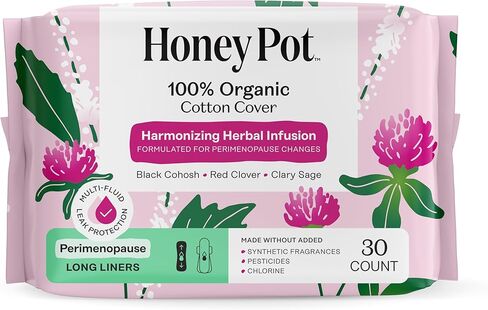 Honey Pot - Perimenopause Long Panty Liners for Women - 100% Organic Cotton Top Sheet - Feminine Care - Multi-Fluid Absorbency - Harmonizing Herbs of Black Cohosh, Clary Sage, & Red Clover - 30ct in Kuwait
