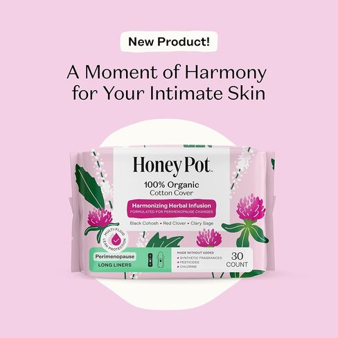 Honey Pot - Perimenopause Long Panty Liners for Women - 100% Organic Cotton Top Sheet - Feminine Care - Multi-Fluid Absorbency - Harmonizing Herbs of Black Cohosh, Clary Sage, & Red Clover - 30ct in Kuwait