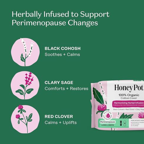Honey Pot - Perimenopause Long Panty Liners for Women - 100% Organic Cotton Top Sheet - Feminine Care - Multi-Fluid Absorbency - Harmonizing Herbs of Black Cohosh, Clary Sage, & Red Clover - 30ct in Kuwait