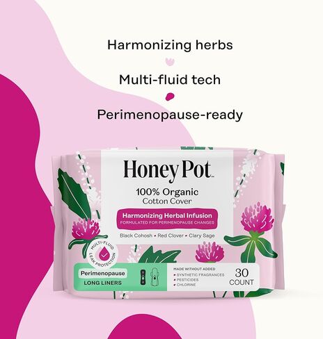 Honey Pot - Perimenopause Long Panty Liners for Women - 100% Organic Cotton Top Sheet - Feminine Care - Multi-Fluid Absorbency - Harmonizing Herbs of Black Cohosh, Clary Sage, & Red Clover - 30ct in Kuwait