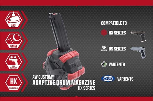 Evike Airsoft - AW Custom Drum Airsoft Mag for Gas Blowback Airsoft Pistols & Rifles (Model: TM Hi-Capa/Red) in Saudi Arabia