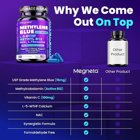 Methylene Blue Pharmaceutical Grade Capsules for Humans - Triple-Pathway Formula with Pure MB, NAC, L-5-MTHF, L-Theanine& Methyl B12 | Cognition, Mental Clarity, Cellular Energy & Antioxidant Support in Kuwait