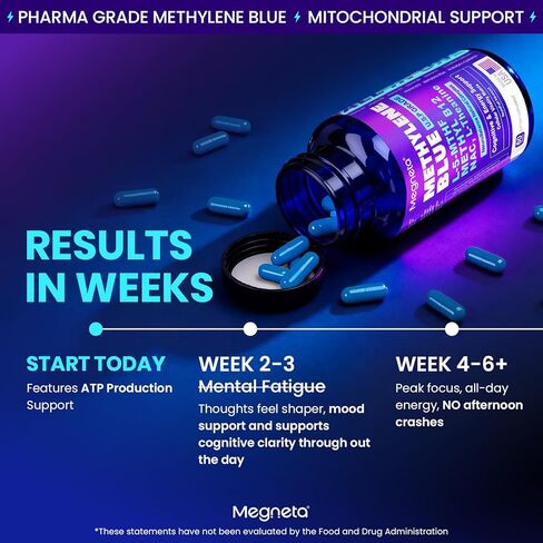 Methylene Blue Pharmaceutical Grade Capsules for Humans - Triple-Pathway Formula with Pure MB, NAC, L-5-MTHF, L-Theanine& Methyl B12 | Cognition, Mental Clarity, Cellular Energy & Antioxidant Support in Kuwait