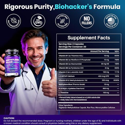 Methylene Blue Pharmaceutical Grade Capsules for Humans - Triple-Pathway Formula with Pure MB, NAC, L-5-MTHF, L-Theanine& Methyl B12 | Cognition, Mental Clarity, Cellular Energy & Antioxidant Support in Kuwait