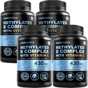 9-in-1 Methylated B Complex with Vitamin C, B Complex, B12 & L-5-MTHF - Vegan, Non-GMO, Gluten-Free & GMP-Certified Energy, Brain & Wellness Daily Methylcobalamin Multivitamin (90 Servings, Pack of 1) in Kuwait
