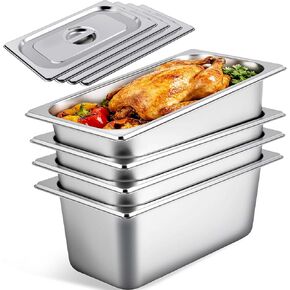 4 Pack Hotel Pans with lids, 1/3 Size x 6 Inch Deep Steam Table Pan, Reusable Anti Rust Catering Storage Food Pan, Stainless Steel Steam Table Pans for Home Party Hotel Restaurant Buffet in Kuwait