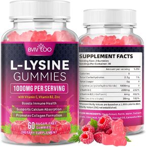 L-Lysine 1000mg Gummies for Immune Support & Skin Health - High Potency Vegan, Sugar-Free, Gluten-Free Supplement with Natural Raspberry Flavor for Adults & Kids - 60 Gummies in Kuwait