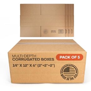 Multi-Depth Corrugated Shipping Boxes, 14"L x 12"W x 6"H, Pack of 5 - USA-Made Boxes for Moving, Storage & Small Business Packaging - Heavy-Duty Cardboard Bines for Household & Office by IDL Packaging in Kuwait