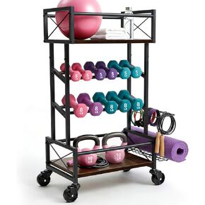رف تخزين بأربعة طبقات لصالة الألعاب الرياضية المنزلية مع عجلات، رف بساط اليوجا، رف صغير لوزن الدمبل، متعدد الوظائف من الخشب المعدني لمعدات الصالة الرياضية، عربة تخزين للتمرين للنساء، منظم اللياقة البدنية Kettlebell in Kuwait