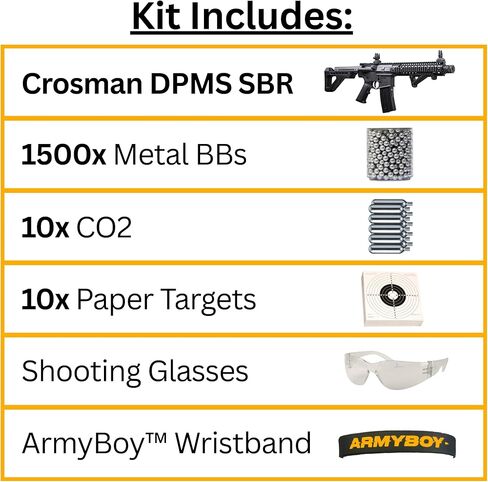 حزمة بندقية ArmyBoy Crosman DPMS SBR Full Auto CO2 BB Gun، بندقية هوائية تكتيكية .177 كال - تتضمن المجموعة: بندقية + BBS + CO2 + أهداف + نظارات + سوار معصم in Kuwait