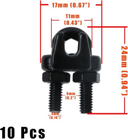 10 عبوات 1/8 بوصة M3 316 مشبك كابل سلك من الفولاذ المقاوم للصدأ، مشبك سلك حبل تثبيت على شكل حرف U، يستخدم للتزوير، أنظمة الدرابزين المؤقتة واللافتات المعلقة (M3، أسود) in Kuwait