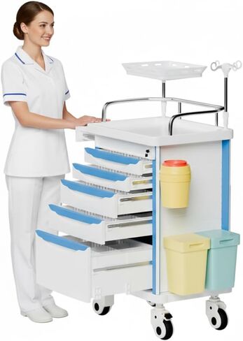 عربة طبية مع ملحقات الطوارئ - لوحة الإنعاش القلبي الرئوي، عمود IV، حامل O2، سلة المهملات، عربة رعاية 5 أدراج مع فواصل للمستشفى، العيادة، المختبر in Kuwait