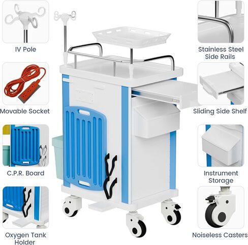 عربة طبية مع ملحقات الطوارئ - لوحة الإنعاش القلبي الرئوي، عمود IV، حامل O2، سلة المهملات، عربة رعاية 5 أدراج مع فواصل للمستشفى، العيادة، المختبر in Kuwait