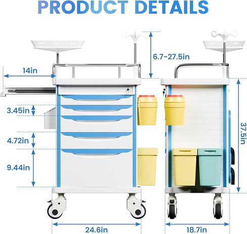عربة طبية مع ملحقات الطوارئ - لوحة الإنعاش القلبي الرئوي، عمود IV، حامل O2، سلة المهملات، عربة رعاية 5 أدراج مع فواصل للمستشفى، العيادة، المختبر in Kuwait
