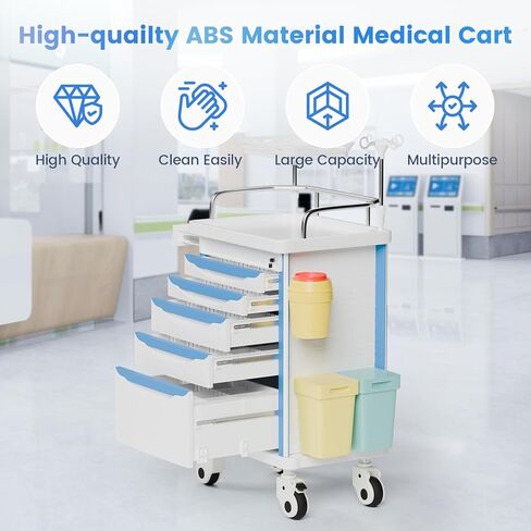 عربة طبية مع ملحقات الطوارئ - لوحة الإنعاش القلبي الرئوي، عمود IV، حامل O2، سلة المهملات، عربة رعاية 5 أدراج مع فواصل للمستشفى، العيادة، المختبر in Kuwait