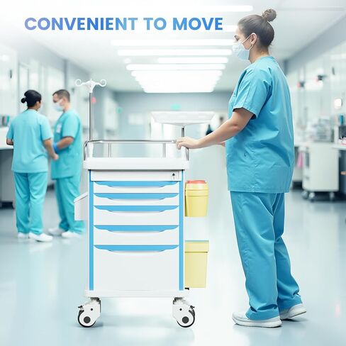 عربة طبية مع ملحقات الطوارئ - لوحة الإنعاش القلبي الرئوي، عمود IV، حامل O2، سلة المهملات، عربة رعاية 5 أدراج مع فواصل للمستشفى، العيادة، المختبر in Kuwait