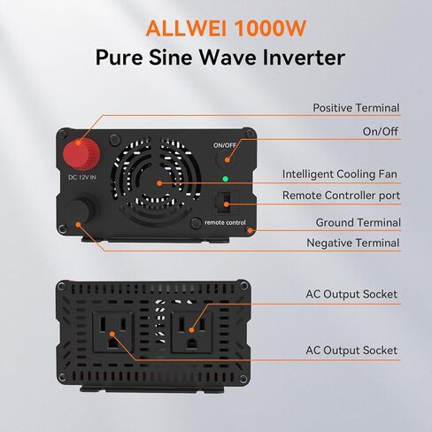 Allwei 2000W Pure Geb Wave Inverter 12V DC إلى محول AC 110V ، Surge 4000W ، 2 مآخذ AC ، شاشة LCD ، عولات الطاقة للمركبات ، RV ، الشاحنة ، المنزل ، العاكس الطاقة الشمسية وخارج الشبكة ، وحدة تحكم عن بُعد in Kuwait
