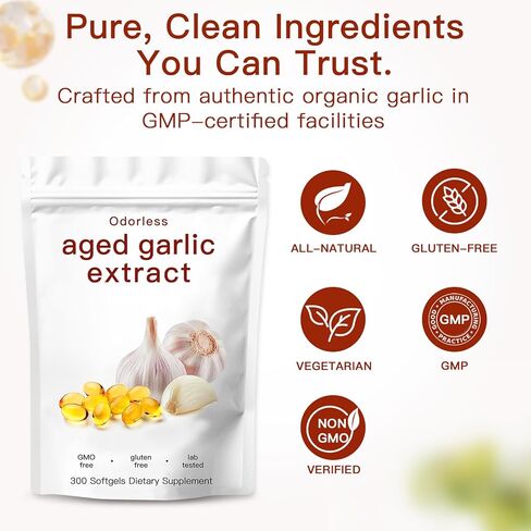 Aged Garlic Extract,Odorless Organic Garlic Capsules for Heart & Immune Antioxidant Supplements,Vegetarian,Non-GMO,Gluten-Free, All-Natural,300 Softgels in Kuwait