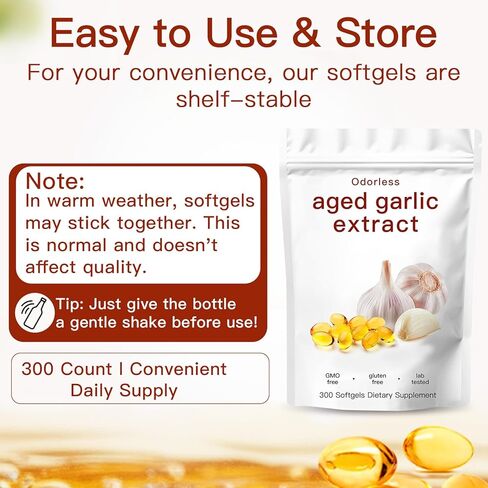 Aged Garlic Extract,Odorless Organic Garlic Capsules for Heart & Immune Antioxidant Supplements,Vegetarian,Non-GMO,Gluten-Free, All-Natural,300 Softgels in Kuwait