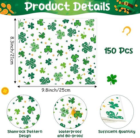 ورق شمع عيد القديس باتريك من GROBRO7 - 150 ورقة من ورق ديلي بنمط نجوم شامروك، 9.8 × 8.3 بوصة، غلاف طعام مقاوم للدهون ومقاوم للماء للاستعمال مرة واحدة لبطانة سلة النزهة، مستلزمات حفلات الخبز في المطبخ in Kuwait