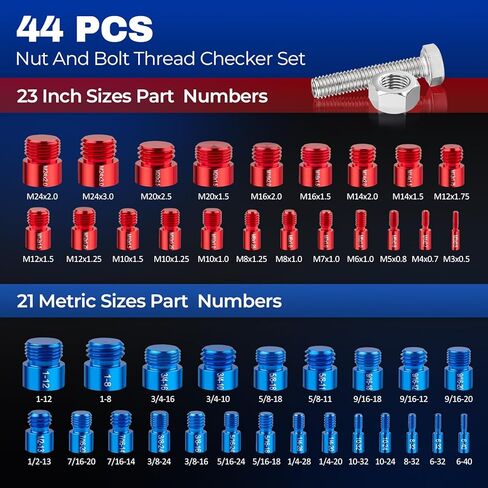 Nut and Bolt Thread Checker - 44 PCS Thread Gauges Set 23 SAE Inch & 21 Metric with Detachable Design & Etched Sizes in Foam Case, Ideal for Hard-to-Reach Areas, Quick Bolt Size Identification in Kuwait