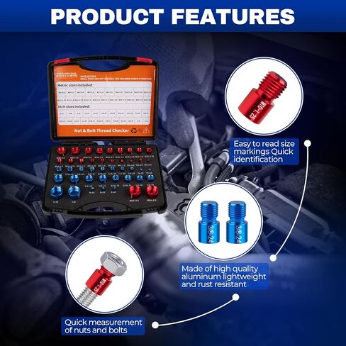 Nut and Bolt Thread Checker - 44 PCS Thread Gauges Set 23 SAE Inch & 21 Metric with Detachable Design & Etched Sizes in Foam Case, Ideal for Hard-to-Reach Areas, Quick Bolt Size Identification in Kuwait