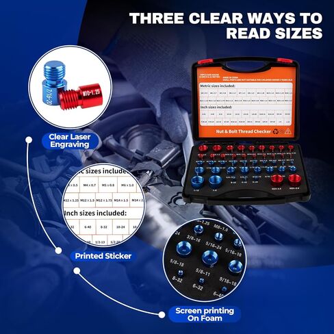 Nut and Bolt Thread Checker - 44 PCS Thread Gauges Set 23 SAE Inch & 21 Metric with Detachable Design & Etched Sizes in Foam Case, Ideal for Hard-to-Reach Areas, Quick Bolt Size Identification in Kuwait