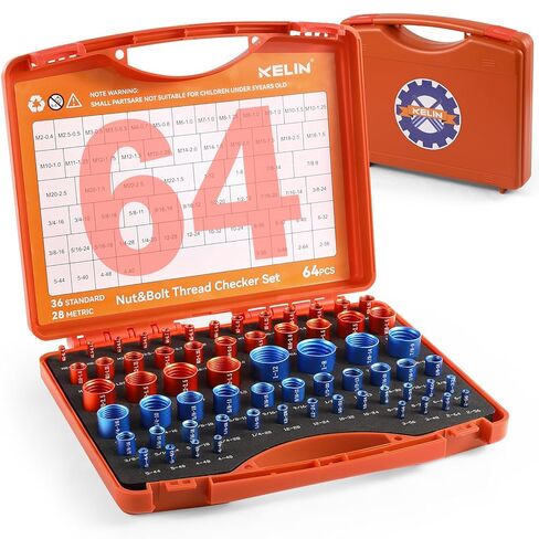 KELIN 55Pcs Nut and Bolt Thread Checker (30 Standard & 25 Metric), Detachable Bolt Size Finder Kit, Precision Thread Gauge, Color-Coded Orange/Blue, for Automotive DIY Workshop in Kuwait