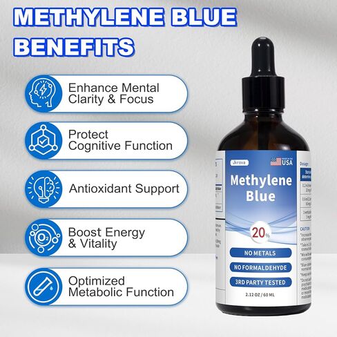الميثيلين الأزرق من الدرجة الصيدلانية، محلول 20%، مكمل منشط للذهن بنسبة نقاء 99.9% للبشر، تركيز أعلى من 1%، 2%، 3%، 5%، تم اختباره بواسطة طرف ثالث، خالٍ من الفورمالديهايد، 60 مل in Kuwait