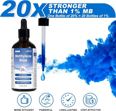 الميثيلين الأزرق من الدرجة الصيدلانية، محلول 20%، مكمل منشط للذهن بنسبة نقاء 99.9% للبشر، تركيز أعلى من 1%، 2%، 3%، 5%، تم اختباره بواسطة طرف ثالث، خالٍ من الفورمالديهايد، 60 مل in Kuwait
