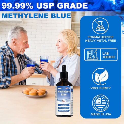 الميثيلين الأزرق من الدرجة الصيدلانية، محلول 20%، مكمل منشط للذهن بنسبة نقاء 99.9% للبشر، تركيز أعلى من 1%، 2%، 3%، 5%، تم اختباره بواسطة طرف ثالث، خالٍ من الفورمالديهايد، 60 مل in Kuwait