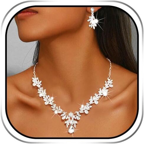 Sixexey Bridal Wedding Jewelry Set Silver Crystal Rhinestone Necklace Earrings Prom Costume Jewelry Necklace for Women in Saudi Arabia