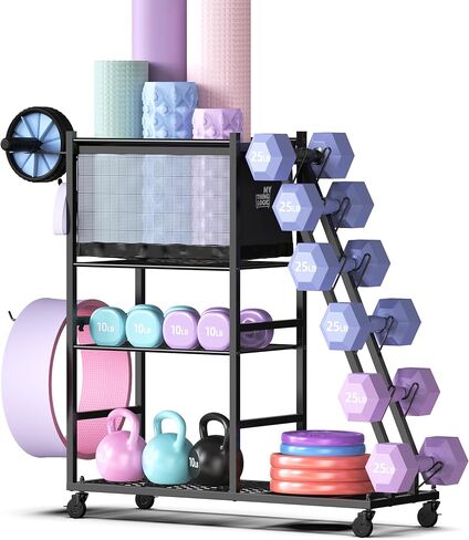Mythinglogic Dumbbell Rack for Home Gym, Weight Rack for Dumbbells,Yoga Mat Holder for Yoga Mat and Kettlebells, Multifunctional Home Gym Storage Rack with Casters in Kuwait