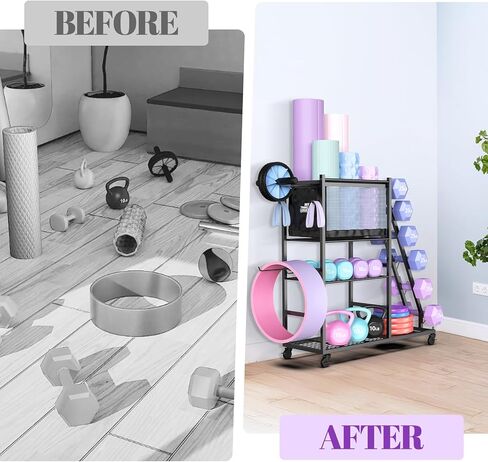 Mythinglogic Dumbbell Rack for Home Gym, Weight Rack for Dumbbells,Yoga Mat Holder for Yoga Mat and Kettlebells, Multifunctional Home Gym Storage Rack with Casters in Kuwait