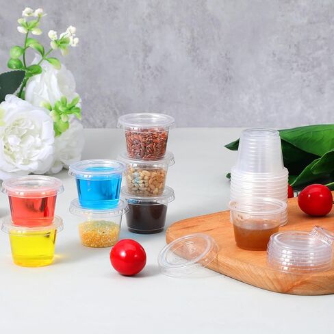 1000 قطعة من أكواب بلاستيكية للاستعمال مرة واحدة مع أغطية، أكواب بلاستيكية شفافة للصلصة والتوابل وصلصة السلطة وطلقات الجيلي والحفلات والمطاعم in Kuwait