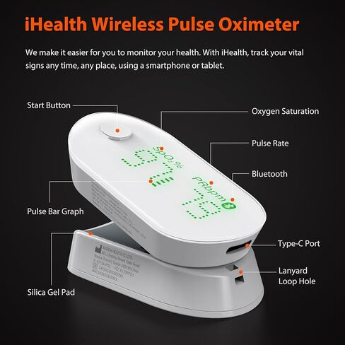 iHealth AIR Rechargeable Fingertip Pulse Oximeter, Blood Oxygen Saturation Monitor with App, SpO2, Pulse Rate, Plethysmograph, and Perfusion Index in Kuwait