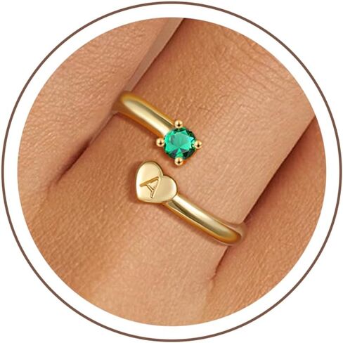 Gold Rings for Women Girls - Real Gold Plated Non Tarnish Initial Ring Gold Heart Initial Birthstone Rings for Women Teen Girl Gifts Adjustable Stackable Thumb Pinky Emerald Ring Birthday Gifts in Kuwait