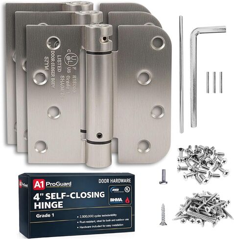 A1 ProGuard - Self Closing Spring Loaded Hinges, 4 Inch, Adjustable Tension for Garage, Front, Back Door, UL Listed, Left and Right Hand, 5/8'' Radius and Square Corners, Brushed Nickel, 3 Pack in Kuwait