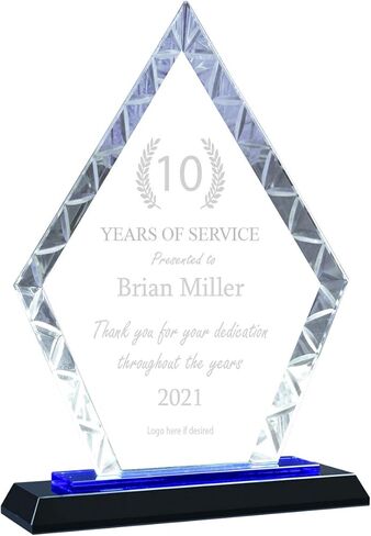Personalized 9" Diamond Accent Engraved Glass Plaque Award, Custom Engraved Glass Awards Plaques and Trophies for Employee Appreciation, Recognition, Retirement in Kuwait