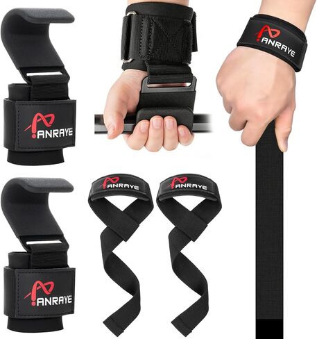 Weight Lifting Hooks & Wrist Straps Set – Lifting Hooks with Anti-Slip Grip, Adjustable Wrist Wraps for Weightlifting, Deadlifts, Powerlifting, Gym Straps for Men and Women, Black-Red in Kuwait