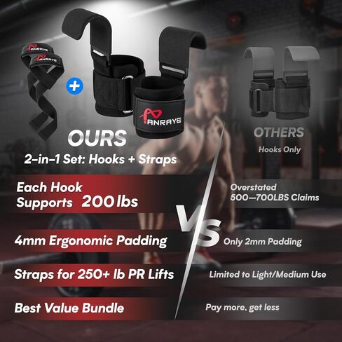 Weight Lifting Hooks & Wrist Straps Set – Lifting Hooks with Anti-Slip Grip, Adjustable Wrist Wraps for Weightlifting, Deadlifts, Powerlifting, Gym Straps for Men and Women, Black-Red in Kuwait