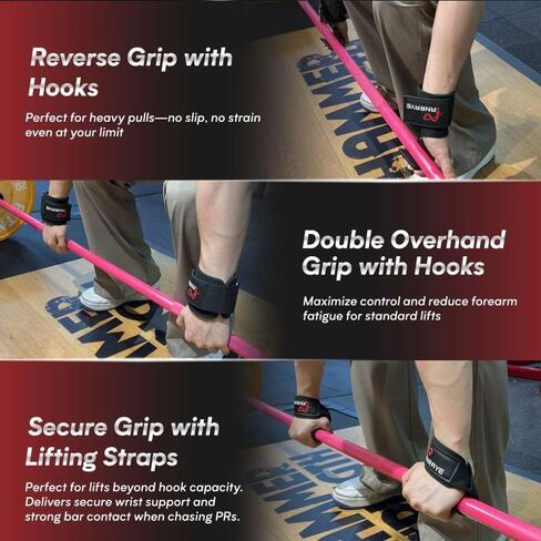 Weight Lifting Hooks & Wrist Straps Set – Lifting Hooks with Anti-Slip Grip, Adjustable Wrist Wraps for Weightlifting, Deadlifts, Powerlifting, Gym Straps for Men and Women, Black-Red in Kuwait