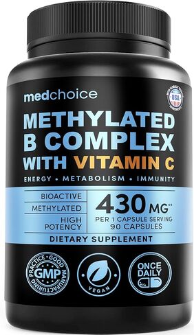 9-in-1 Methylated B Complex with Vitamin C, B Complex, B12 & L-5-MTHF - Vegan, Non-GMO, Gluten-Free & GMP-Certified Energy, Brain & Wellness Daily Methylcobalamin Multivitamin (90 Servings, Pack of 1) in Saudi Arabia