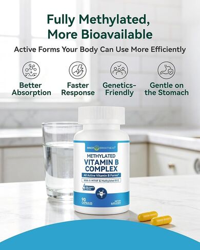 مركب فيتامين ب - ميثيل نشط بالكامل B12، B6، حمض الفوليك - للطاقة والتركيز والمزاج وصحة الأعصاب - نباتي غير معدّل وراثيًا وخالي من الغلوتين مع كبسولات B1 وB2 وB3 وB5 وB7-90 لمدة 3 أشهر in Kuwait