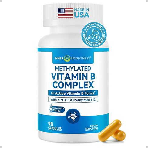 Vitamin B Complex - Fully Methylated Active B12, B6, Folate - for Energy, Focus, Mood & Nerve Health - Non-GMO Vegan Gluten-Free with B1, B2, B3, B5, B7-90 Capsules for 3 Months in Saudi Arabia