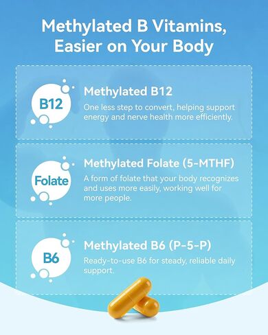 مركب فيتامين ب - ميثيل نشط بالكامل B12، B6، حمض الفوليك - للطاقة والتركيز والمزاج وصحة الأعصاب - نباتي غير معدّل وراثيًا وخالي من الغلوتين مع كبسولات B1 وB2 وB3 وB5 وB7-90 لمدة 3 أشهر in Kuwait
