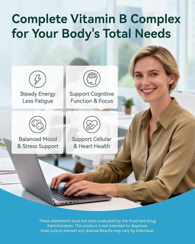 Vitamin B Complex - Fully Methylated Active B12, B6, Folate - for Energy, Focus, Mood & Nerve Health - Non-GMO Vegan Gluten-Free with B1, B2, B3, B5, B7-90 Capsules for 3 Months in Saudi Arabia
